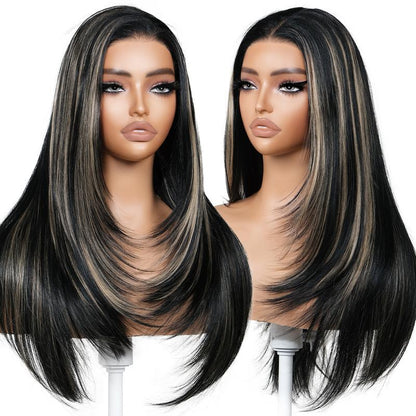 13x6 HD Glueless Lace Front Wig – 24in Layered Synthetic, Pre-Plucked &amp; Pre-Cut, 200–220% Density