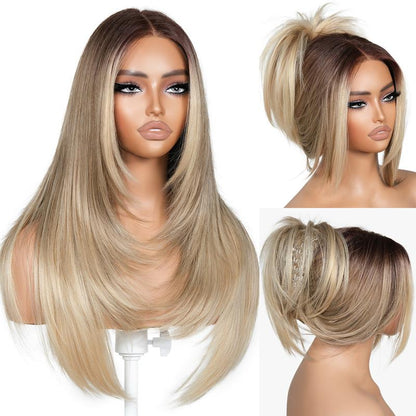 13x6 HD Glueless Lace Front Wig – 24in Layered Synthetic, Pre-Plucked &amp; Pre-Cut, 200–220% Density