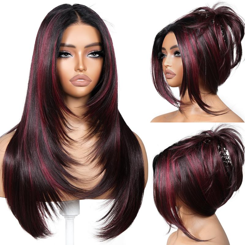 13x6 HD Glueless Lace Front Wig – 24in Layered Synthetic, Pre-Plucked &amp; Pre-Cut, 200–220% Density