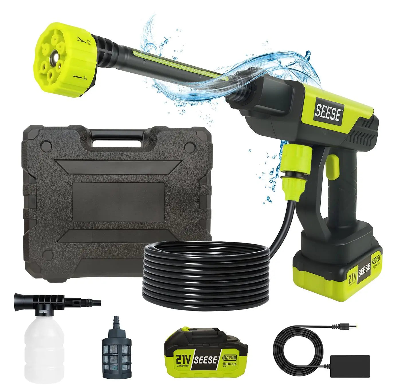 SEESE 24V Cordless Pressure Washer – Portable Power Cleaner with Battery, 6-in-1 Nozzle & Complete Cleaning Kit