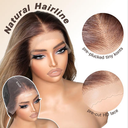 13x6 HD Glueless Lace Front Wig – 24in Layered Synthetic, Pre-Plucked &amp; Pre-Cut, 200–220% Density