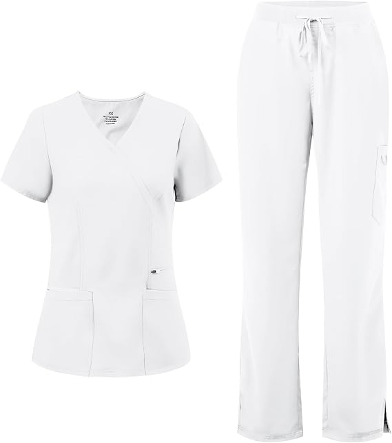 COZYFIT Women’s Mock Wrap Scrub Set – 6-Pocket Top & Straight-Leg Pants