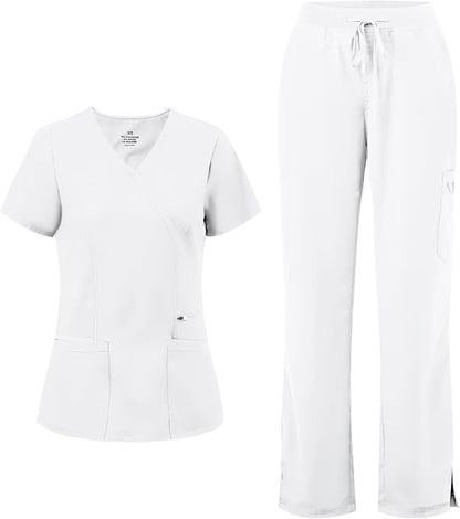 COZYFIT Women’s Mock Wrap Scrub Set – 6-Pocket Top & Straight-Leg Pants