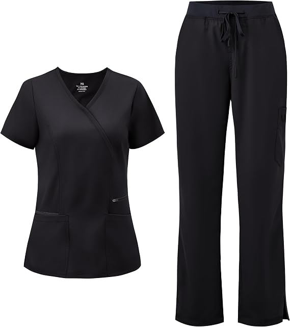 COZYFIT Women’s Mock Wrap Scrub Set – 6-Pocket Top & Straight-Leg Pants
