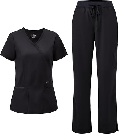 COZYFIT Women’s Mock Wrap Scrub Set – 6-Pocket Top & Straight-Leg Pants