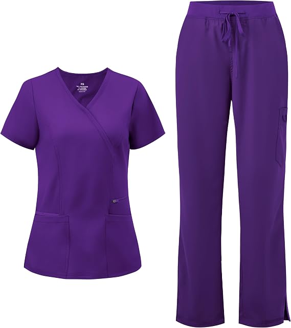 COZYFIT Women’s Mock Wrap Scrub Set – 6-Pocket Top & Straight-Leg Pants