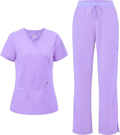 COZYFIT Women’s Mock Wrap Scrub Set – 6-Pocket Top & Straight-Leg Pants
