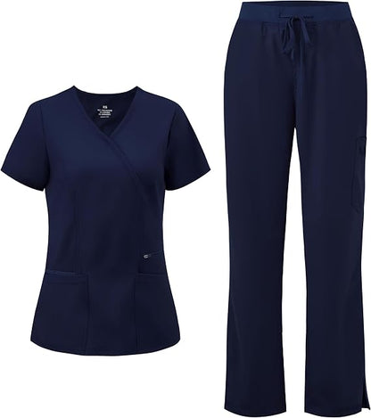 COZYFIT Women’s Mock Wrap Scrub Set – 6-Pocket Top & Straight-Leg Pants