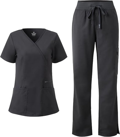 COZYFIT Women’s Mock Wrap Scrub Set – 6-Pocket Top & Straight-Leg Pants