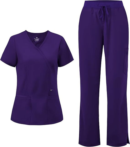 COZYFIT Women’s Mock Wrap Scrub Set – 6-Pocket Top & Straight-Leg Pants