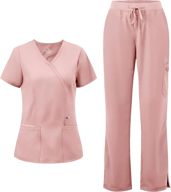 COZYFIT Women’s Mock Wrap Scrub Set – 6-Pocket Top & Straight-Leg Pants