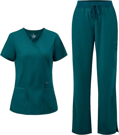 COZYFIT Women’s Mock Wrap Scrub Set – 6-Pocket Top & Straight-Leg Pants