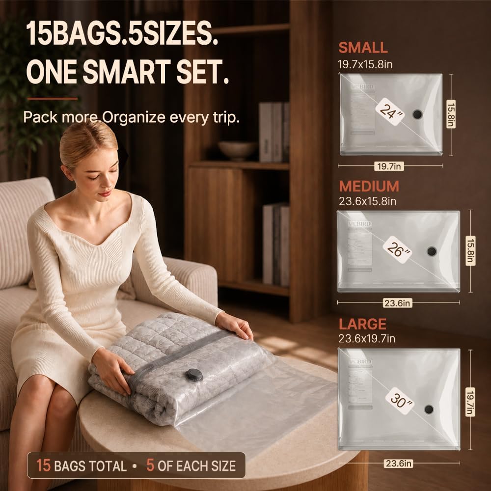 Vacbird 24-Pack Travel Vacuum Bags with USB Pump