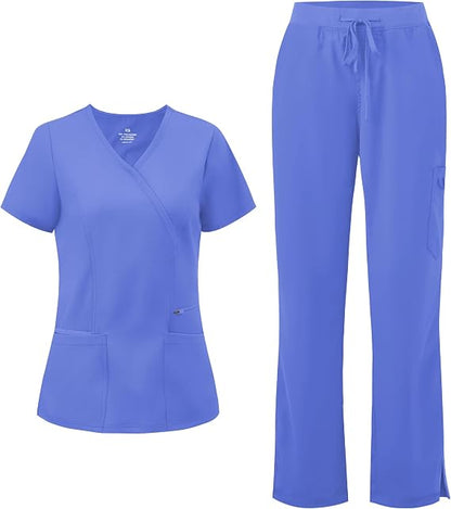 COZYFIT Women’s Mock Wrap Scrub Set – 6-Pocket Top & Straight-Leg Pants