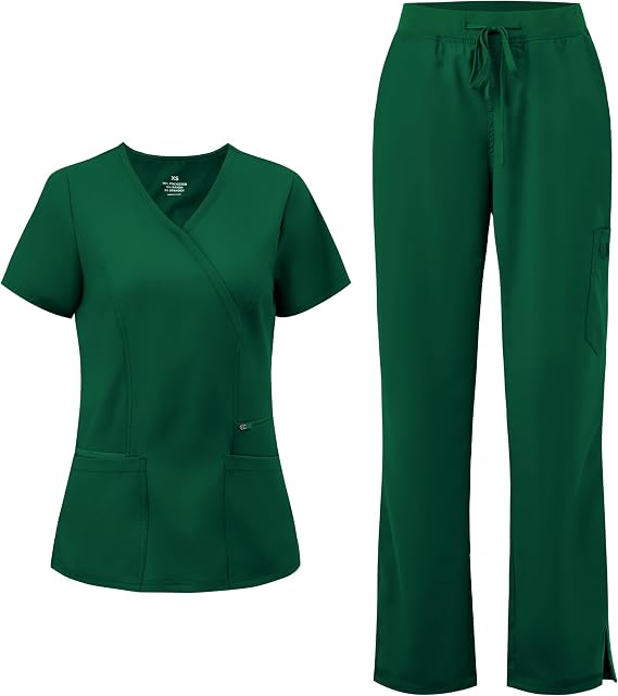COZYFIT Women’s Mock Wrap Scrub Set – 6-Pocket Top & Straight-Leg Pants