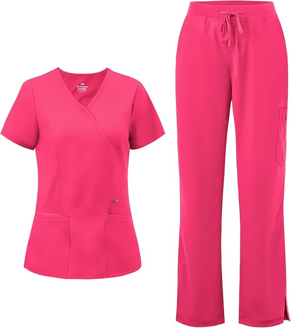 COZYFIT Women’s Mock Wrap Scrub Set – 6-Pocket Top & Straight-Leg Pants