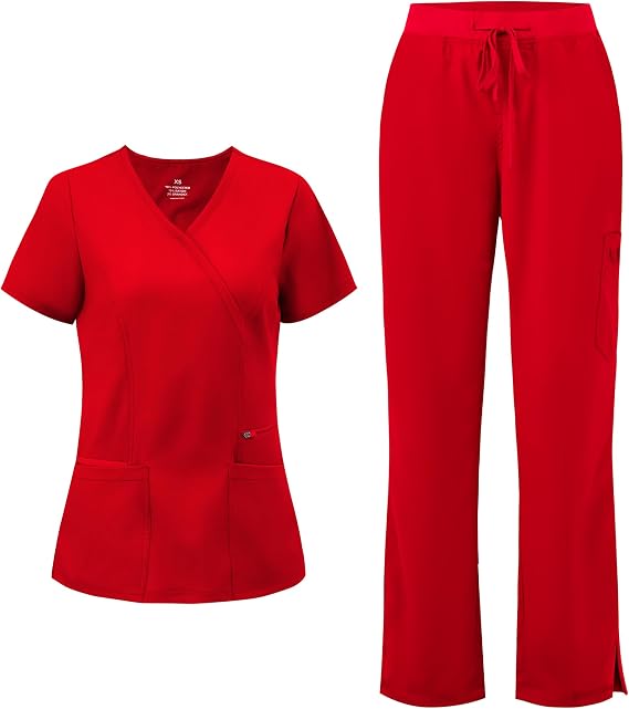COZYFIT Women’s Mock Wrap Scrub Set – 6-Pocket Top & Straight-Leg Pants