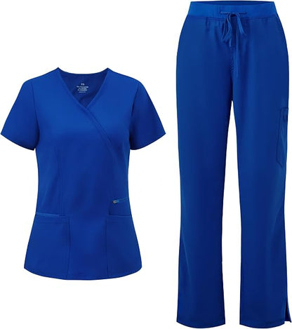 COZYFIT Women’s Mock Wrap Scrub Set – 6-Pocket Top & Straight-Leg Pants