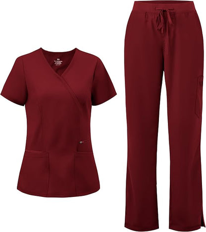 COZYFIT Women’s Mock Wrap Scrub Set – 6-Pocket Top & Straight-Leg Pants