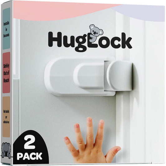 Cerradura de seguridad para puertas a prueba de niños Huglock: sin herramientas ni adhesivos, compatible con pomos, manivelas y manijas, paquete de 2