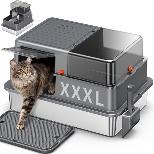 Caja de arena para gatos de acero inoxidable extragrande con tapa
