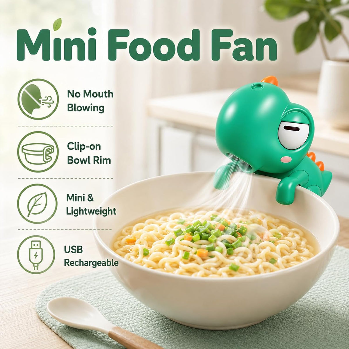 Dinosaur Clip-On Food Cooling Fan – USB-C Rechargeable Mini Fan for Bowls & Cups