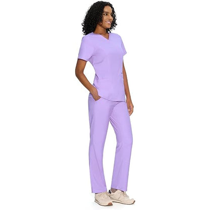 COZYFIT Women’s Mock Wrap Scrub Set – 6-Pocket Top & Straight-Leg Pants