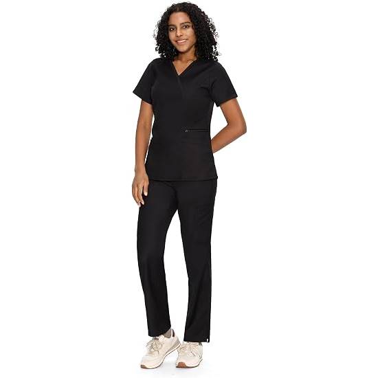 COZYFIT Women’s Mock Wrap Scrub Set – 6-Pocket Top & Straight-Leg Pants