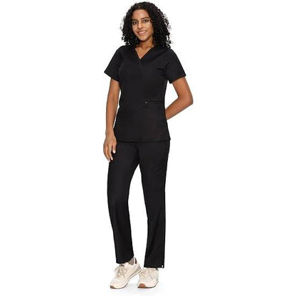 COZYFIT Women’s Mock Wrap Scrub Set – 6-Pocket Top & Straight-Leg Pants