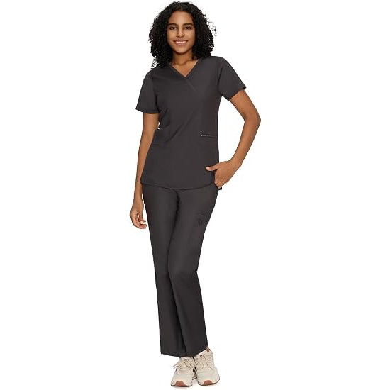 COZYFIT Women’s Mock Wrap Scrub Set – 6-Pocket Top & Straight-Leg Pants