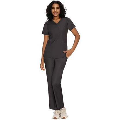 COZYFIT Women’s Mock Wrap Scrub Set – 6-Pocket Top & Straight-Leg Pants