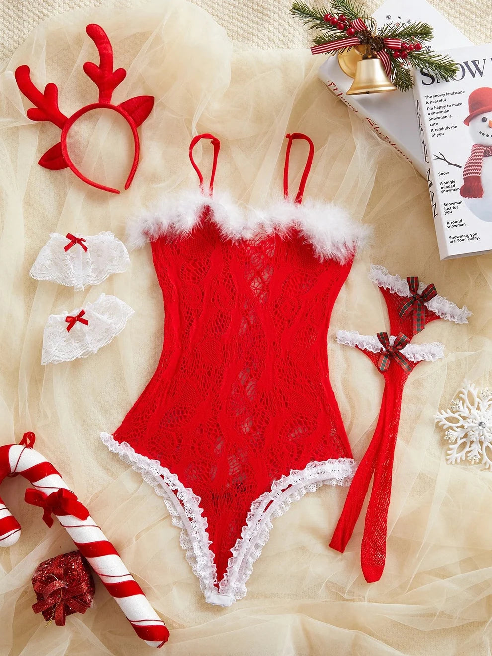 Christmas Reindeer Lingerie Set Red Lace Bodysuit with Antler Headband & Stockings