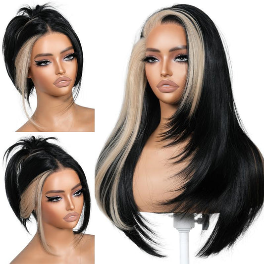 13x6 HD Glueless Lace Front Wig – 24in Layered Synthetic, Pre-Plucked &amp; Pre-Cut, 200–220% Density