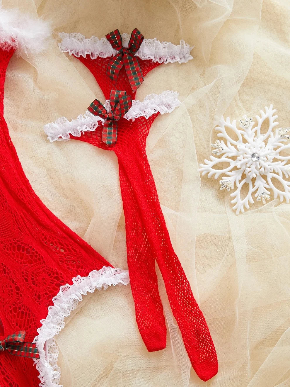 Christmas Reindeer Lingerie Set Red Lace Bodysuit with Antler Headband & Stockings